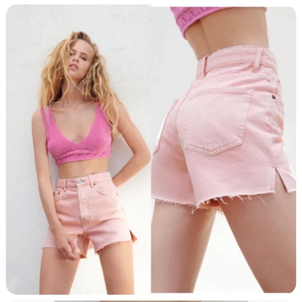 Zara‎ High Rise Button Fly Cutoff Jean Shorts Pink 4